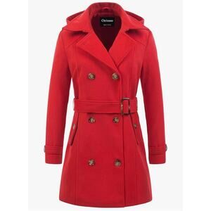 Women’s Chrisuno Winter Coat no hood, inside pocket, Red Belted Pea Coat